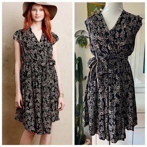 Maeve Anthropologie Noronha Black Crepe Elephant Pleated Wrap Dress Size S